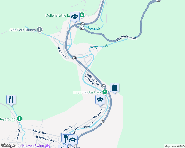 map of restaurants, bars, coffee shops, grocery stores, and more near West Virginia 54 in Mullens