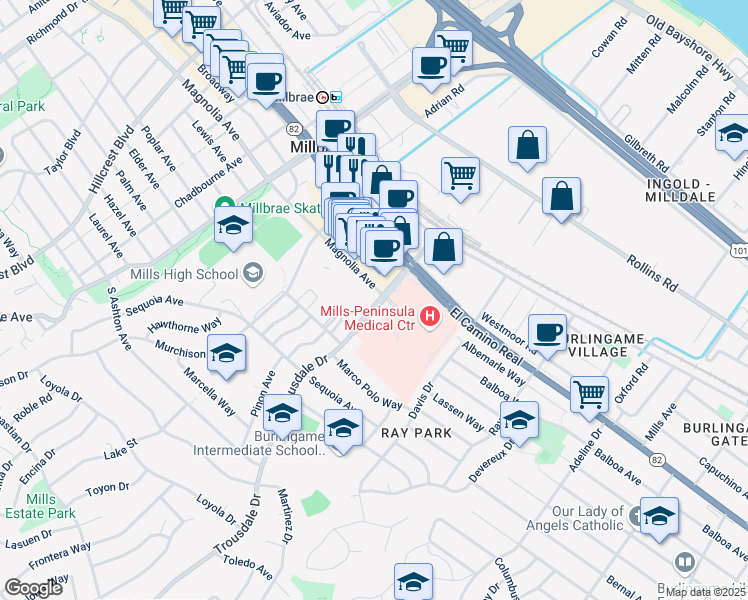 map of restaurants, bars, coffee shops, grocery stores, and more near 1600 Trousdale Drive in Burlingame