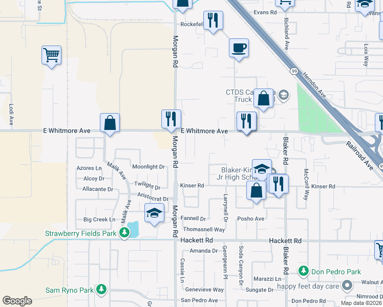 map of restaurants, bars, coffee shops, grocery stores, and more near 2613 Fiesta Way in Ceres