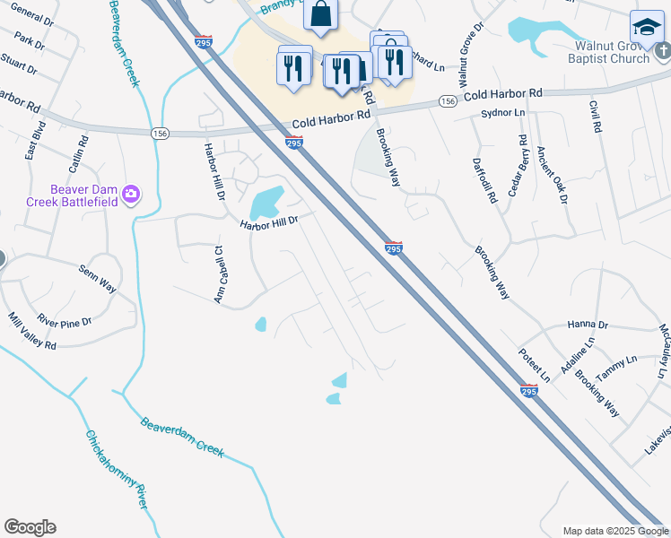 map of restaurants, bars, coffee shops, grocery stores, and more near 7119 Sunset Drive in Mechanicsville