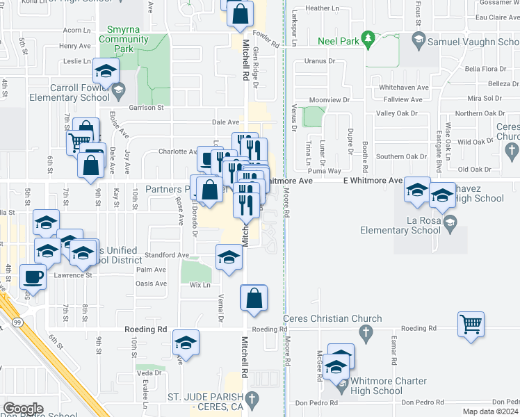map of restaurants, bars, coffee shops, grocery stores, and more near 2500 Della Drive in Ceres
