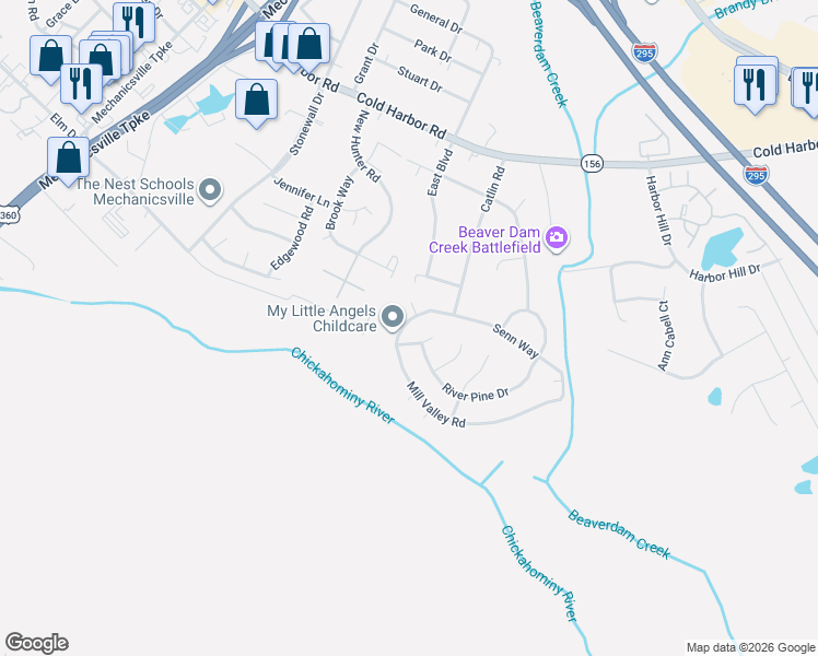 map of restaurants, bars, coffee shops, grocery stores, and more near 7163 Mill Valley Road in Mechanicsville