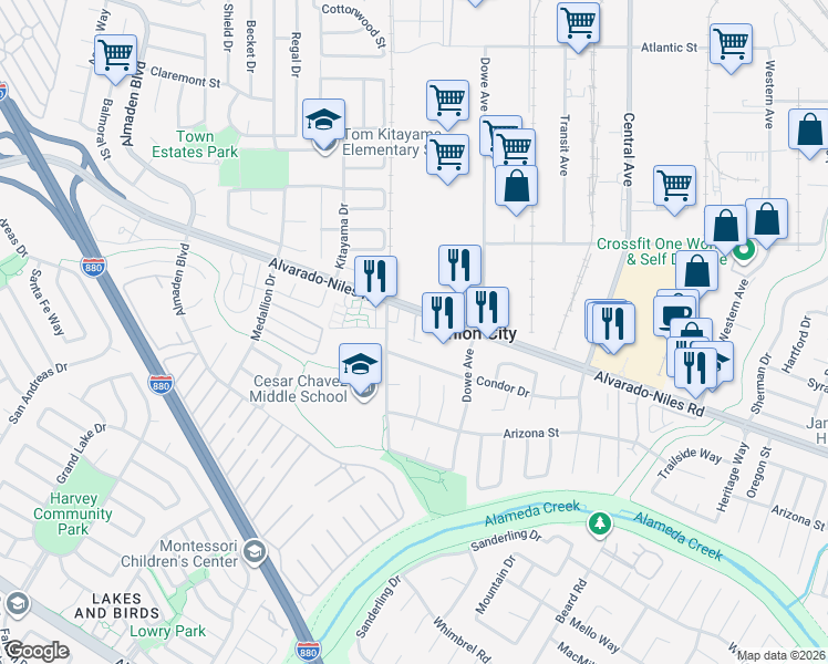 map of restaurants, bars, coffee shops, grocery stores, and more near 2673 Teal Lane in Union City