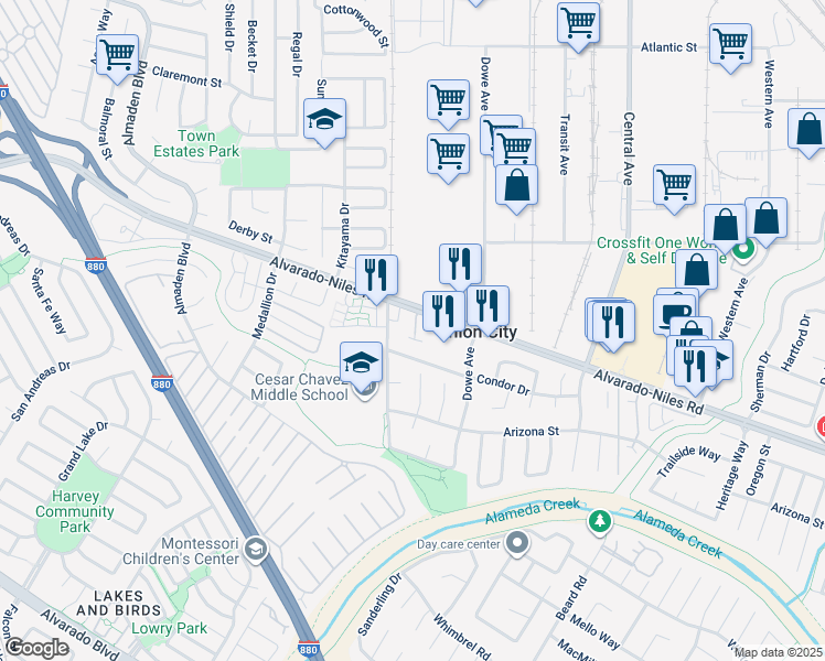 map of restaurants, bars, coffee shops, grocery stores, and more near 2673 Teal Lane in Union City