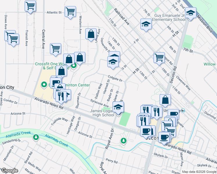 map of restaurants, bars, coffee shops, grocery stores, and more near 1807 Baylor Street in Union City