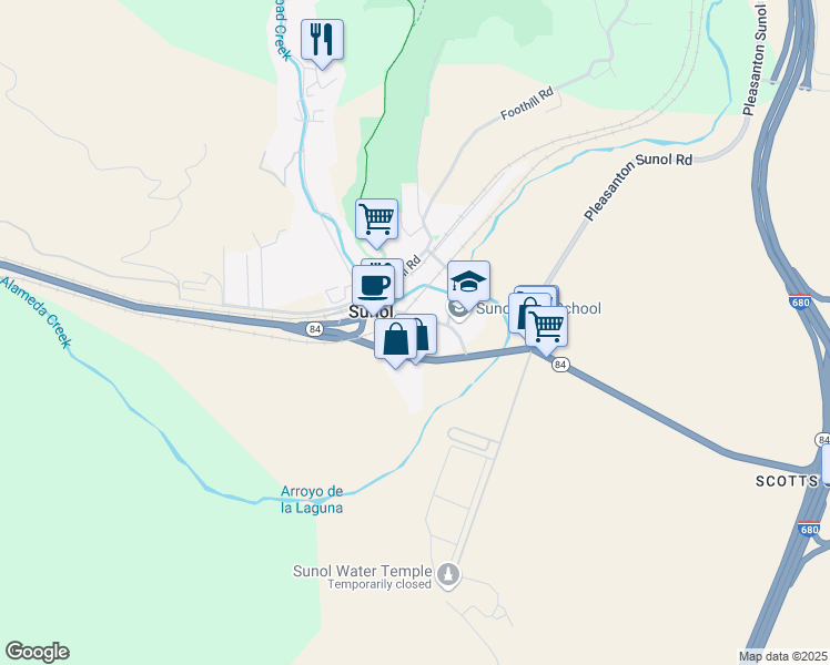 map of restaurants, bars, coffee shops, grocery stores, and more near 11842 Main Street in Sunol