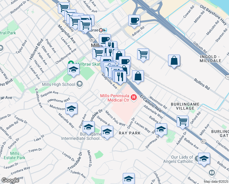 map of restaurants, bars, coffee shops, grocery stores, and more near 1600 Trousdale Drive in Burlingame