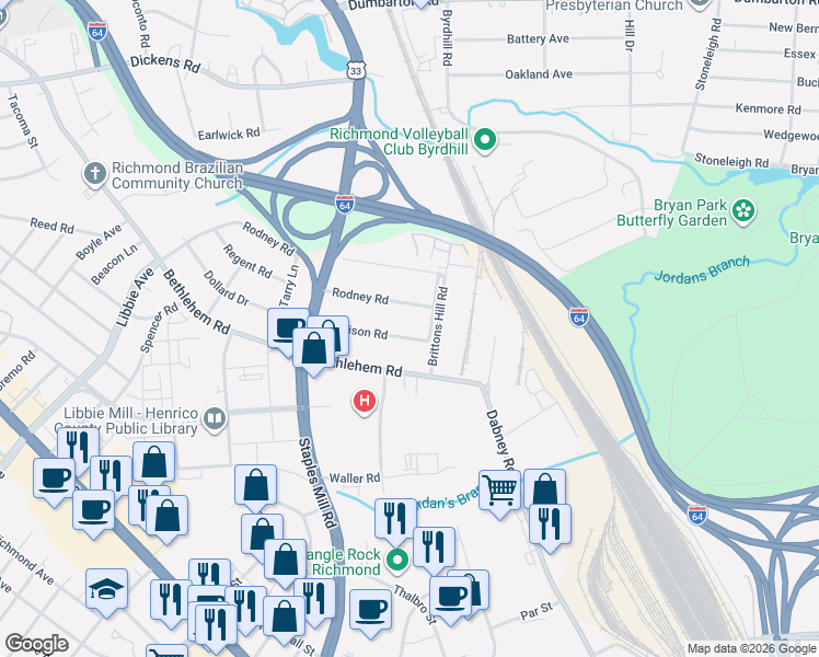 map of restaurants, bars, coffee shops, grocery stores, and more near 4801 Morrison Road in Richmond