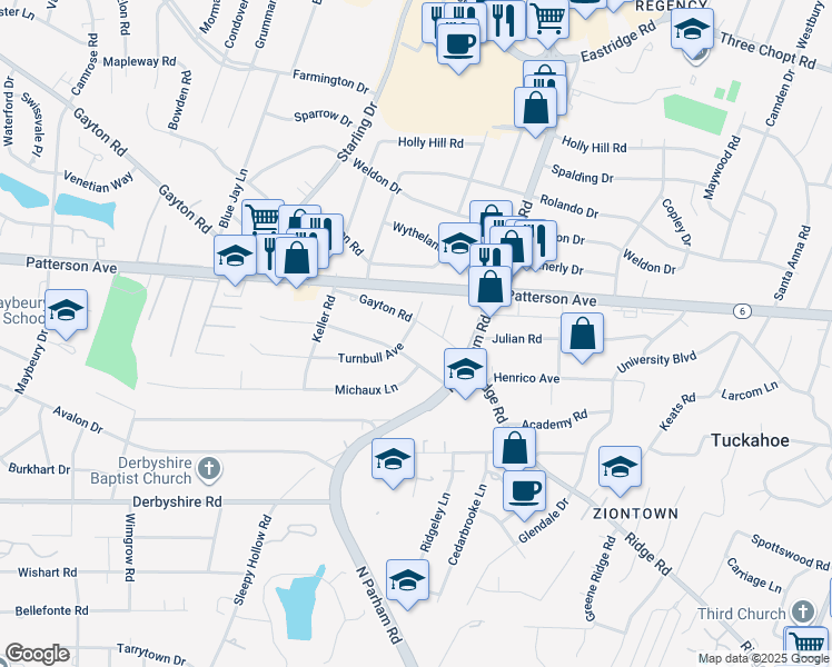 map of restaurants, bars, coffee shops, grocery stores, and more near 8715 Gayton Road in Richmond