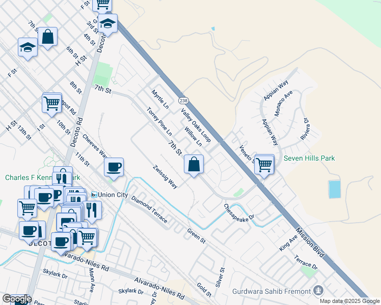 map of restaurants, bars, coffee shops, grocery stores, and more near 34445 Torrey Pine Lane in Union City