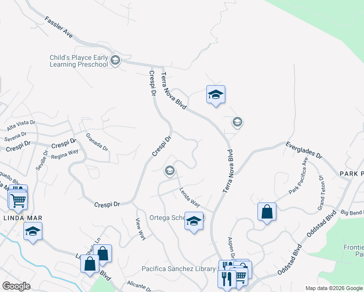 map of restaurants, bars, coffee shops, grocery stores, and more near 1222 Lerida Way in Pacifica