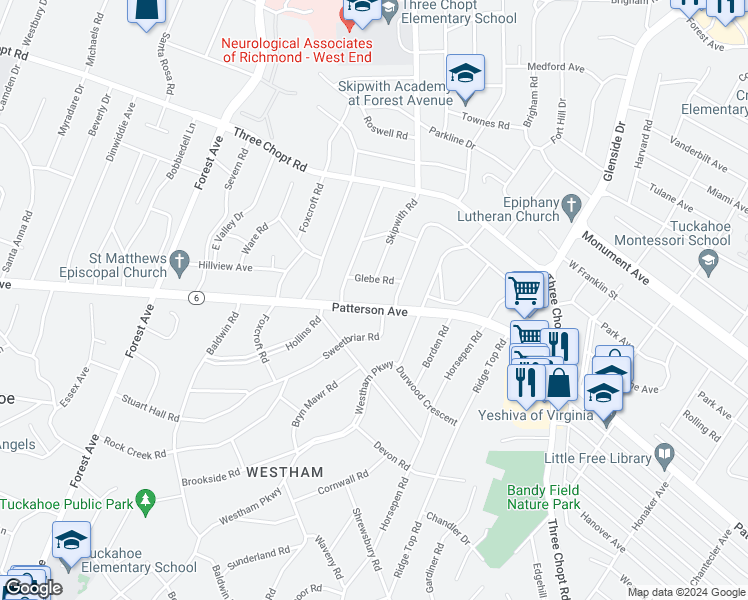 map of restaurants, bars, coffee shops, grocery stores, and more near 7502 Patterson Avenue in Richmond
