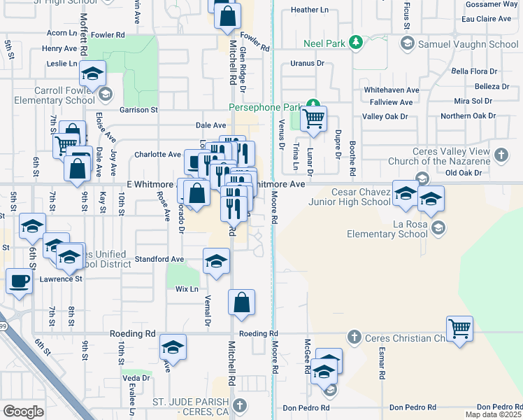 map of restaurants, bars, coffee shops, grocery stores, and more near 2700 Mitchell Road in Ceres