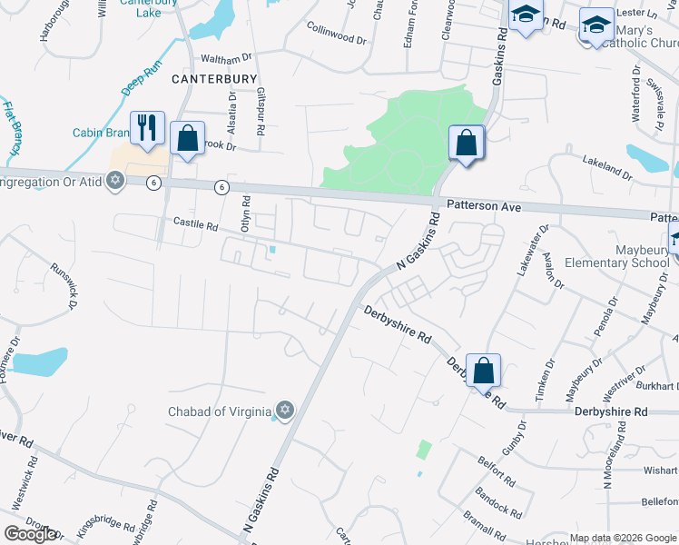 map of restaurants, bars, coffee shops, grocery stores, and more near 10002 Castile Court in Richmond