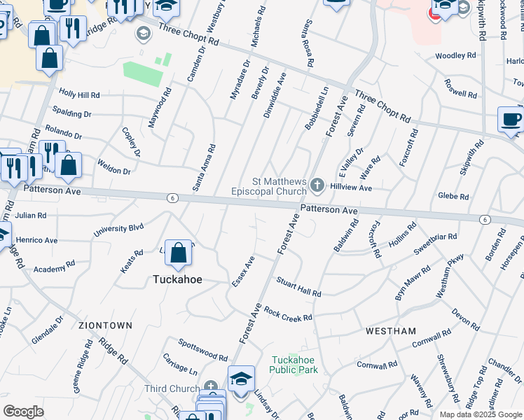 map of restaurants, bars, coffee shops, grocery stores, and more near 8015 Patterson Avenue in Richmond
