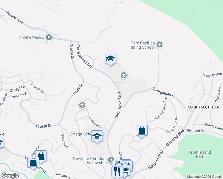 map of restaurants, bars, coffee shops, grocery stores, and more near 1483 Terra Nova Blvd in Pacifica