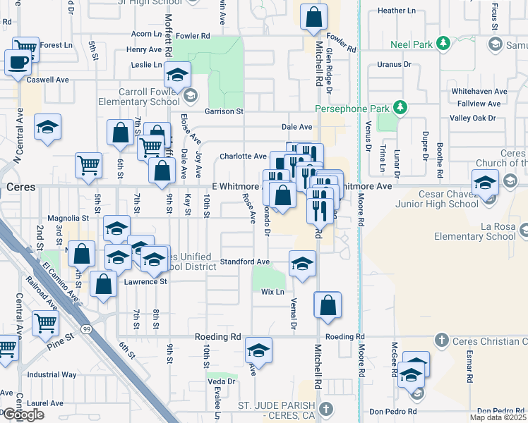 map of restaurants, bars, coffee shops, grocery stores, and more near 2609 El Dorado Drive in Ceres
