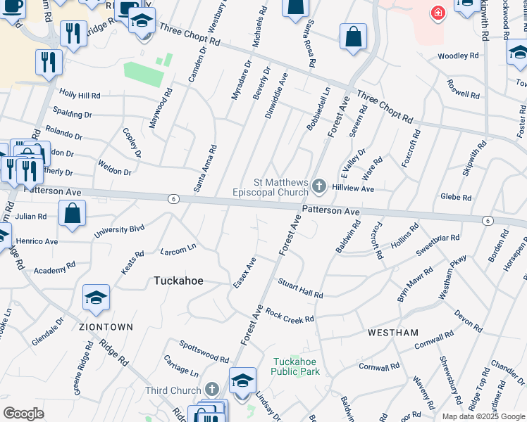 map of restaurants, bars, coffee shops, grocery stores, and more near 8015 Patterson Avenue in Richmond