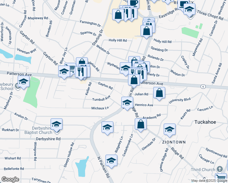 map of restaurants, bars, coffee shops, grocery stores, and more near 8715 Gayton Road in Richmond