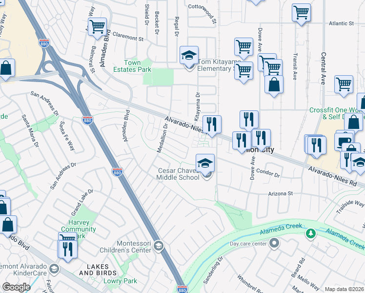 map of restaurants, bars, coffee shops, grocery stores, and more near 32656 Brenda Way in Union City