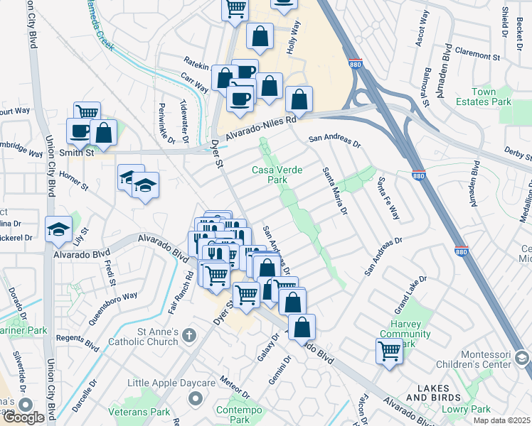 map of restaurants, bars, coffee shops, grocery stores, and more near 3263 Santa Susana Way in Union City