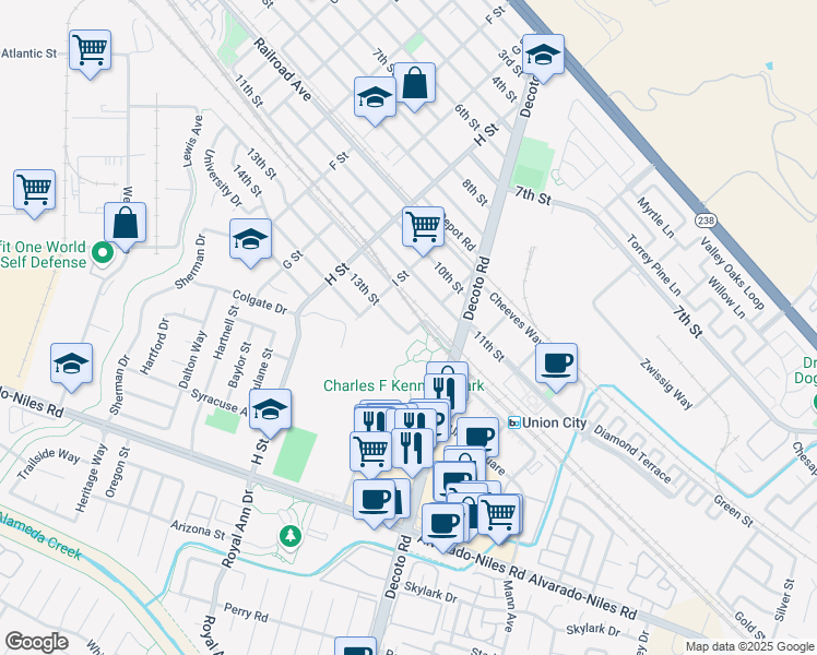 map of restaurants, bars, coffee shops, grocery stores, and more near in Union City