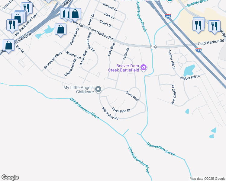 map of restaurants, bars, coffee shops, grocery stores, and more near 7200 Mill Valley Road in Mechanicsville