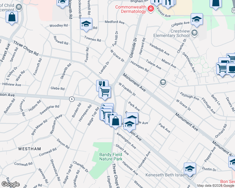 map of restaurants, bars, coffee shops, grocery stores, and more near 7113 Three Chopt Road in Henrico