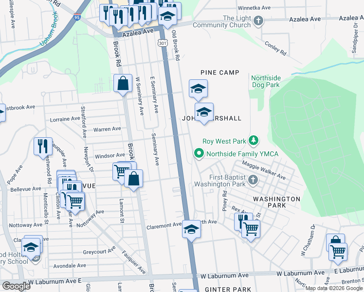 map of restaurants, bars, coffee shops, grocery stores, and more near 4228 Old Brook Road in Richmond