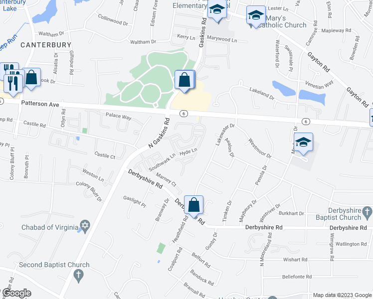 map of restaurants, bars, coffee shops, grocery stores, and more near 1110 Hyde Lane in Richmond