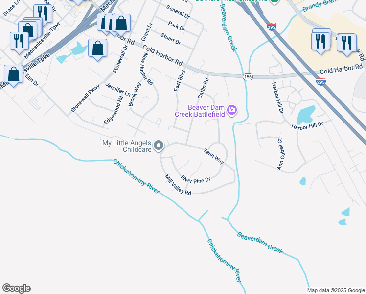 map of restaurants, bars, coffee shops, grocery stores, and more near 7200 Mill Valley Road in Mechanicsville