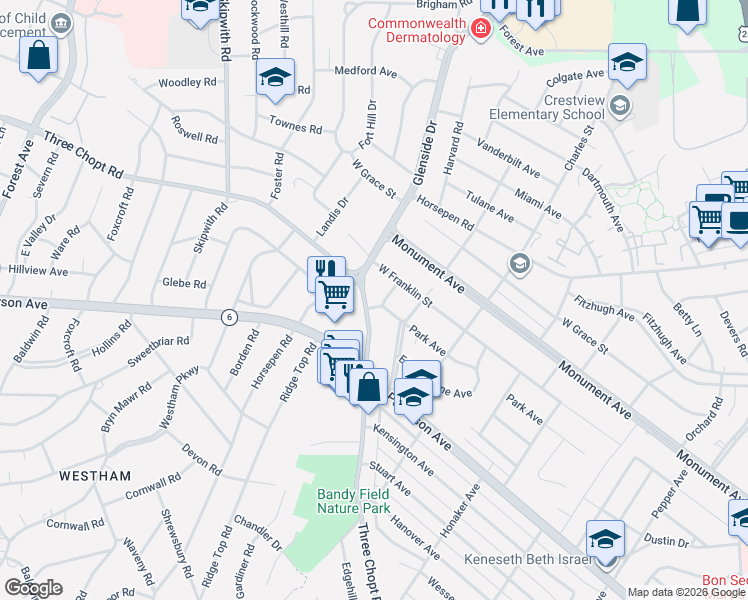 map of restaurants, bars, coffee shops, grocery stores, and more near 7113 Three Chopt Road in Henrico