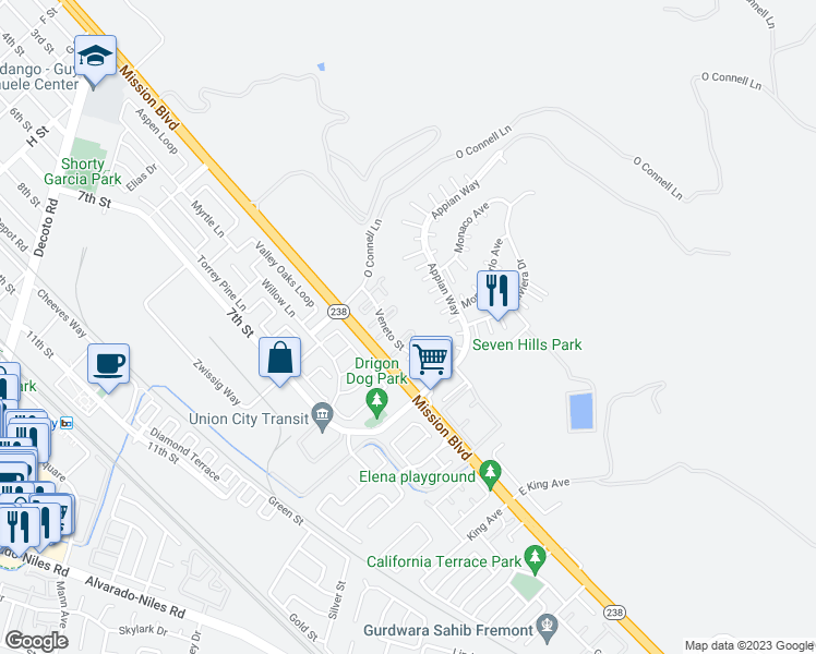 map of restaurants, bars, coffee shops, grocery stores, and more near 239 Galano Plaza in Union City