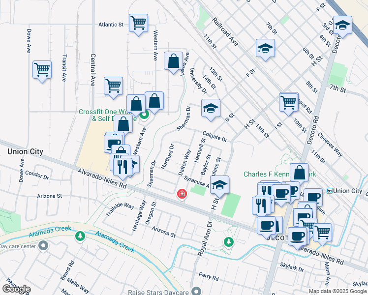 map of restaurants, bars, coffee shops, grocery stores, and more near 1882 Dalton Way in Union City