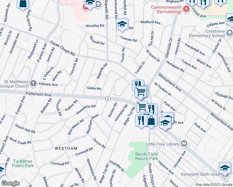 map of restaurants, bars, coffee shops, grocery stores, and more near 1101 West Durwood Crescent in Richmond