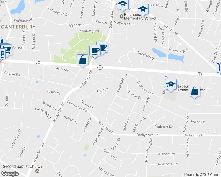 map of restaurants, bars, coffee shops, grocery stores, and more near 1205 Hyde Lane in Richmond