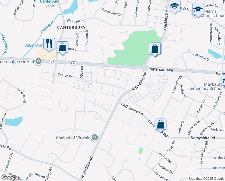 map of restaurants, bars, coffee shops, grocery stores, and more near 10015 Castile Court in Henrico
