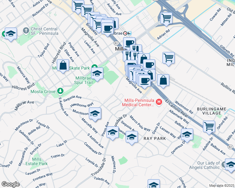 map of restaurants, bars, coffee shops, grocery stores, and more near 1801 Murchison Drive in Burlingame