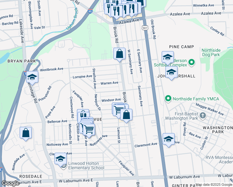 map of restaurants, bars, coffee shops, grocery stores, and more near 1209 Westminster Avenue in Richmond