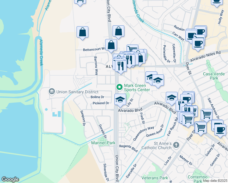 map of restaurants, bars, coffee shops, grocery stores, and more near 4220 Bolina Drive in Union City