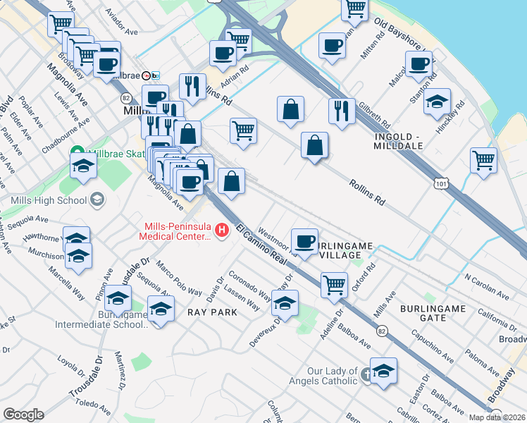 map of restaurants, bars, coffee shops, grocery stores, and more near 1140 Dufferin Avenue in Burlingame