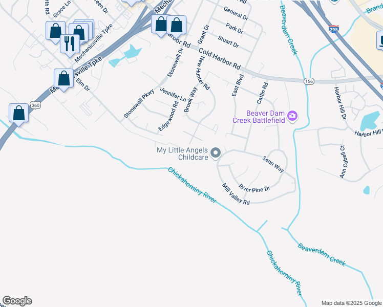 map of restaurants, bars, coffee shops, grocery stores, and more near 7112 Fishing Circle in Mechanicsville