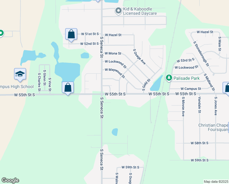 map of restaurants, bars, coffee shops, grocery stores, and more near 929 West 55th Street South in Wichita