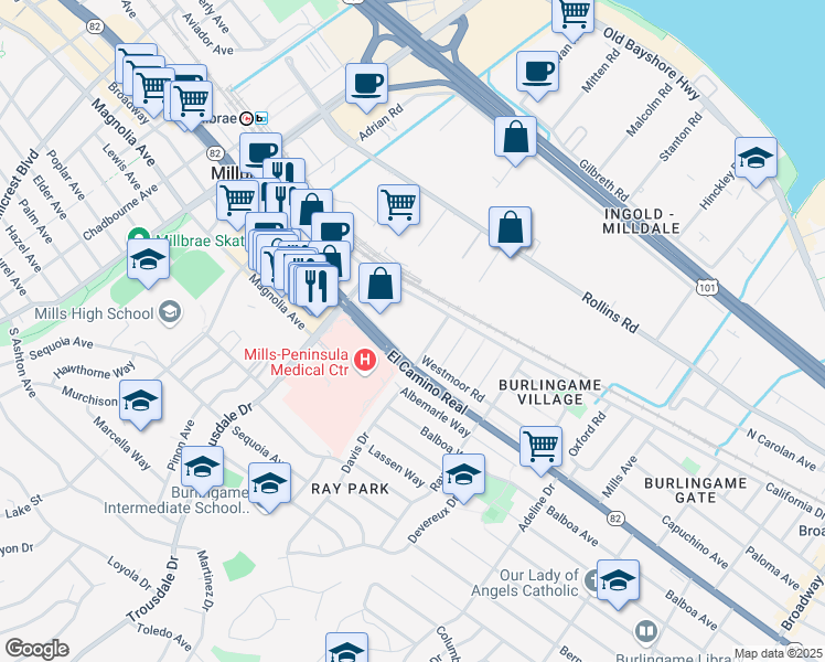 map of restaurants, bars, coffee shops, grocery stores, and more near 1140 Dufferin Avenue in Burlingame