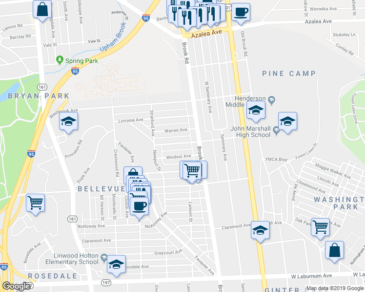 map of restaurants, bars, coffee shops, grocery stores, and more near 1215 Westminster Avenue in Richmond