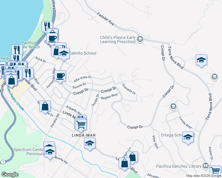 map of restaurants, bars, coffee shops, grocery stores, and more near Crespi Drive in Pacifica