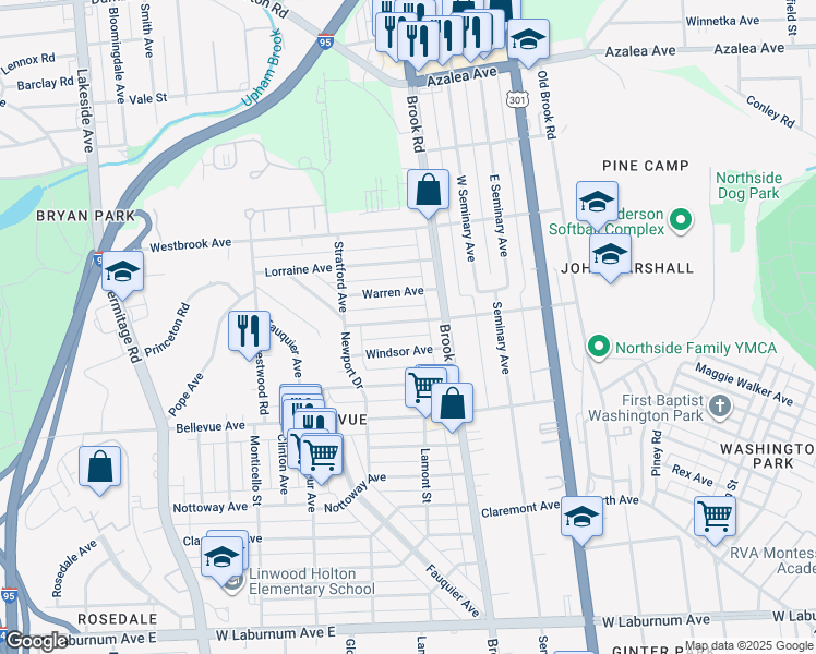 map of restaurants, bars, coffee shops, grocery stores, and more near 1215 Westminster Avenue in Richmond