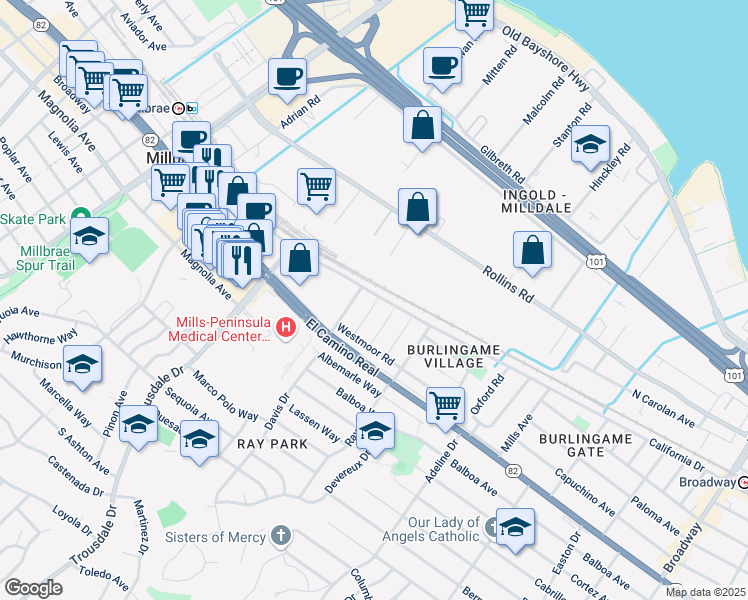 map of restaurants, bars, coffee shops, grocery stores, and more near 1125 Killarney Lane in Burlingame