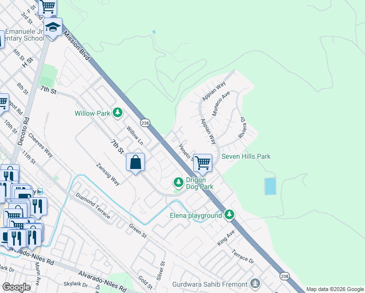 map of restaurants, bars, coffee shops, grocery stores, and more near 231 Famoso Plaza in Union City