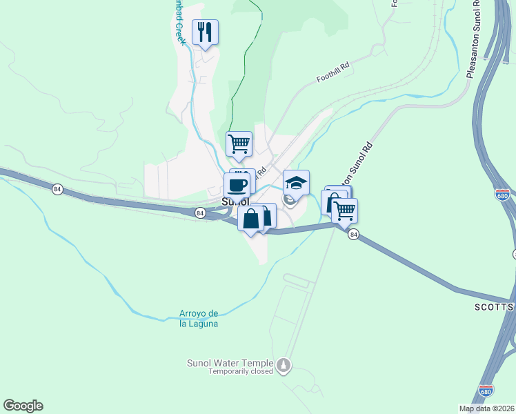 map of restaurants, bars, coffee shops, grocery stores, and more near 11925 Main Street in Sunol